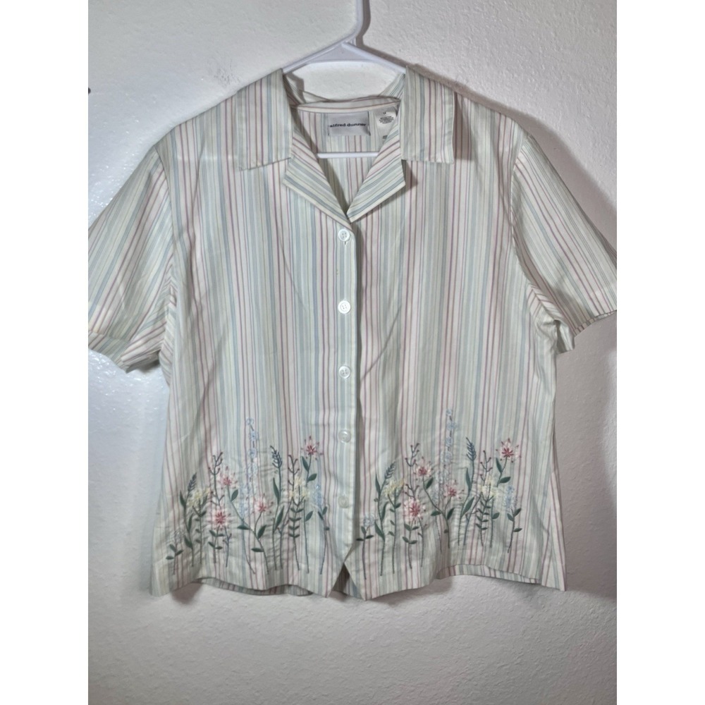 VTG Alfred Dunner Womens 14 Textured Floral Button-Up Blouse Top Pastel Stripes
